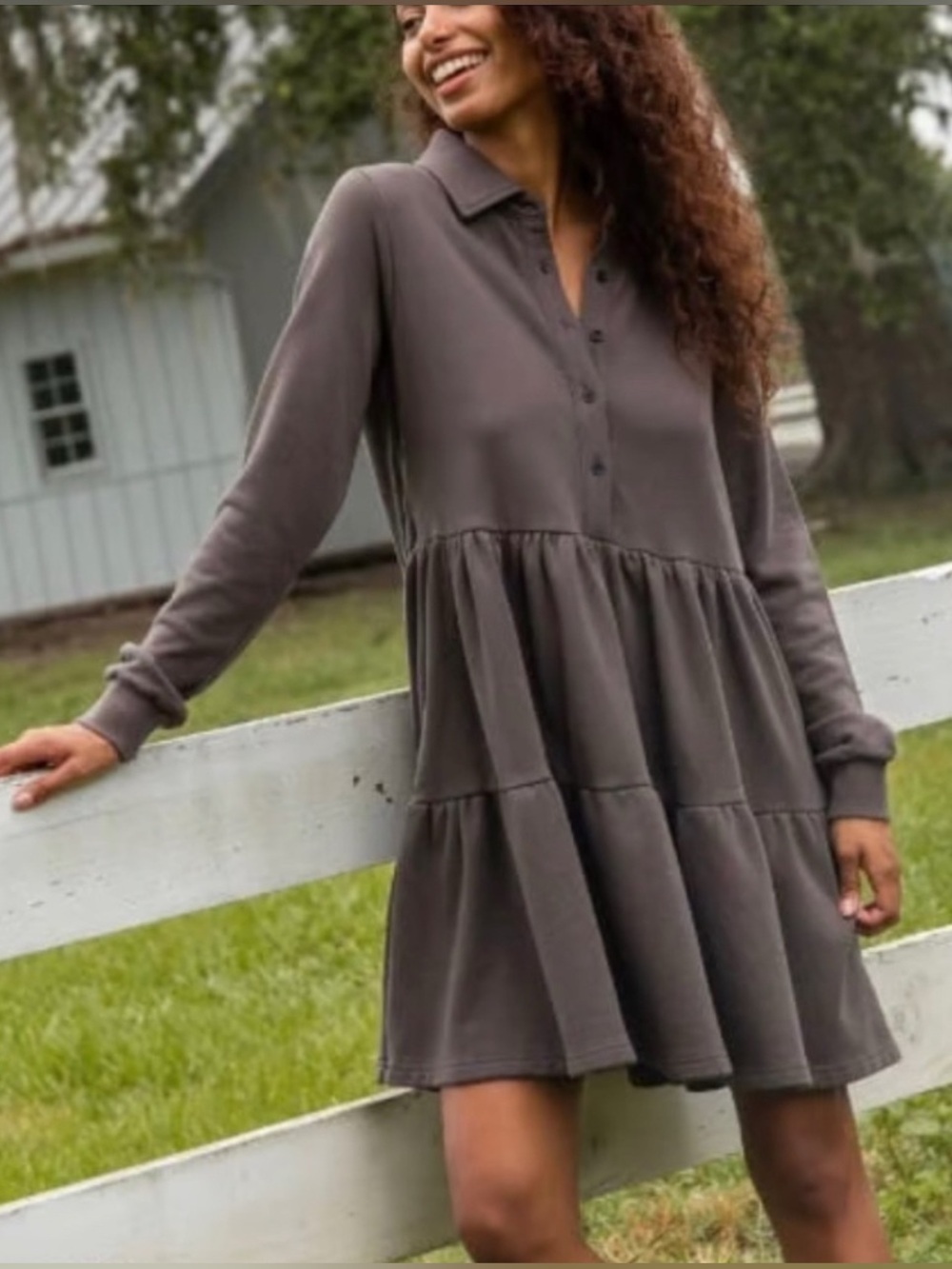 Natural Life Brown Tiered Sweatshirt A-line Dress Long Sleeve Collared Size S